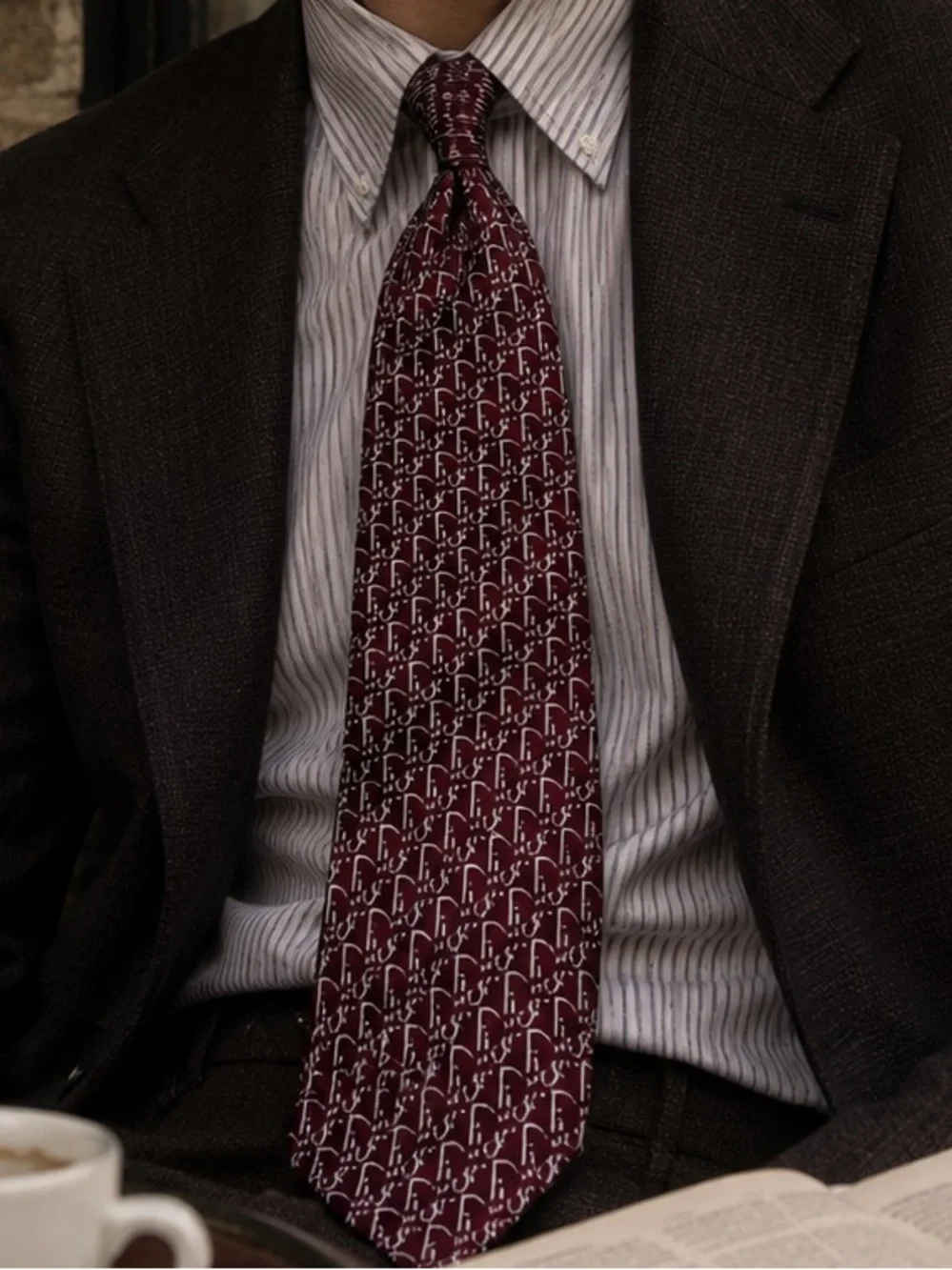 Vintage Christian Dior Burgundy Oblique Trotter Pattern Logo Monogram Silk Tie